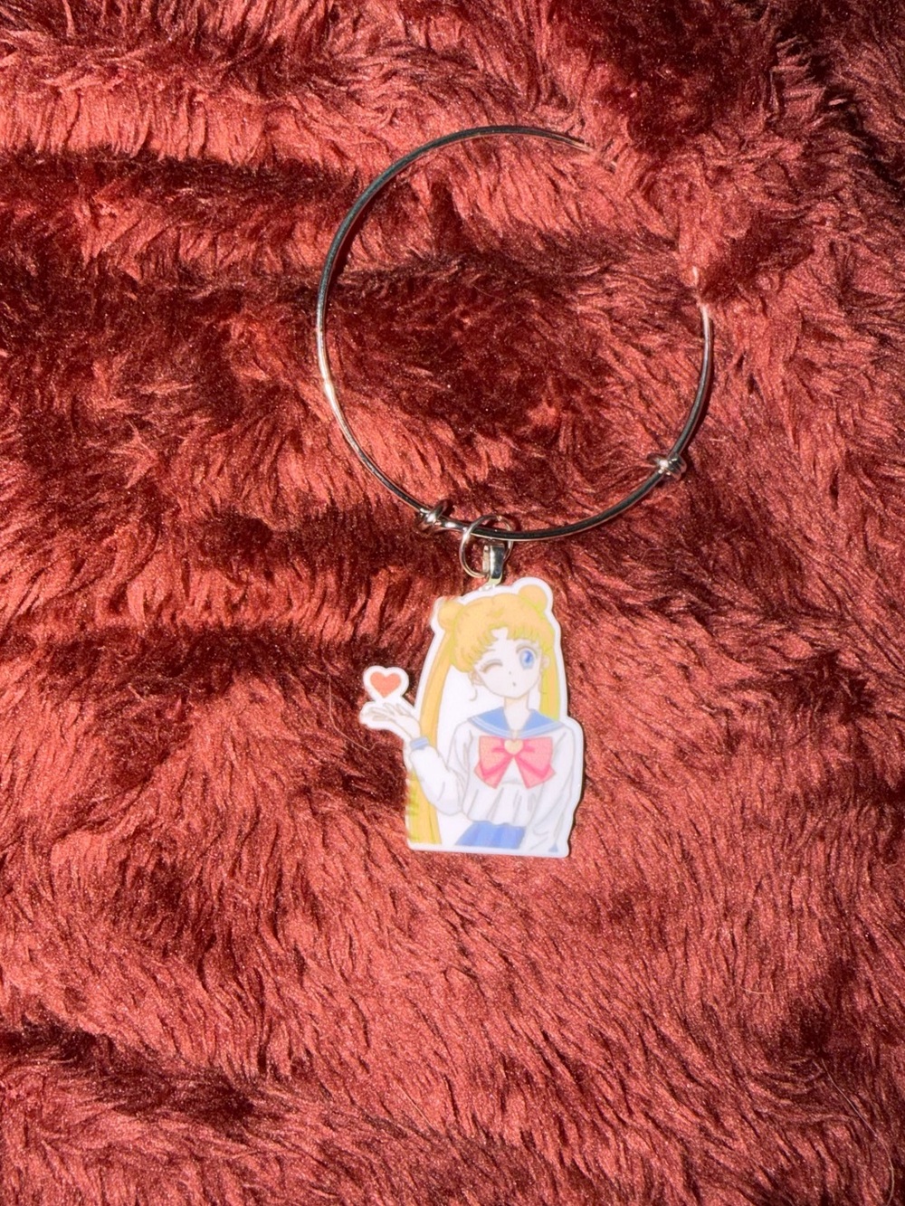 Silver Charm Bangle Bracelet with Pink & Yellow Anime Character Charm